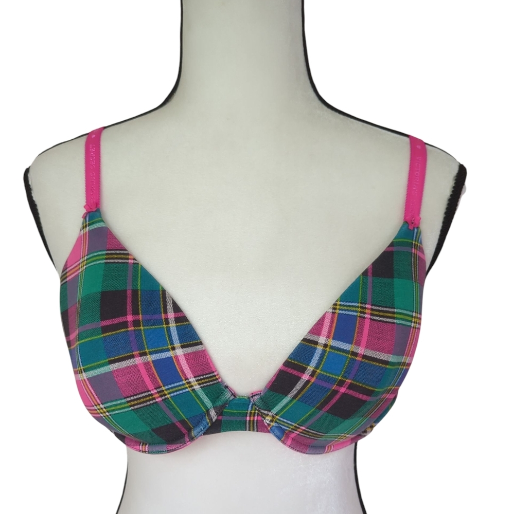 Victoria's Secret Underwire Lined Perfect Coverage Plaid Bra 36C Pink Green - Picture 1 of 16